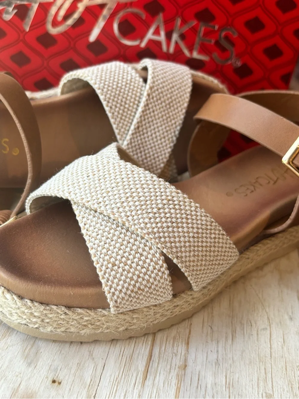Hot Cakes Cream Woven Espadrille Sandals with Tan Ankle Strap